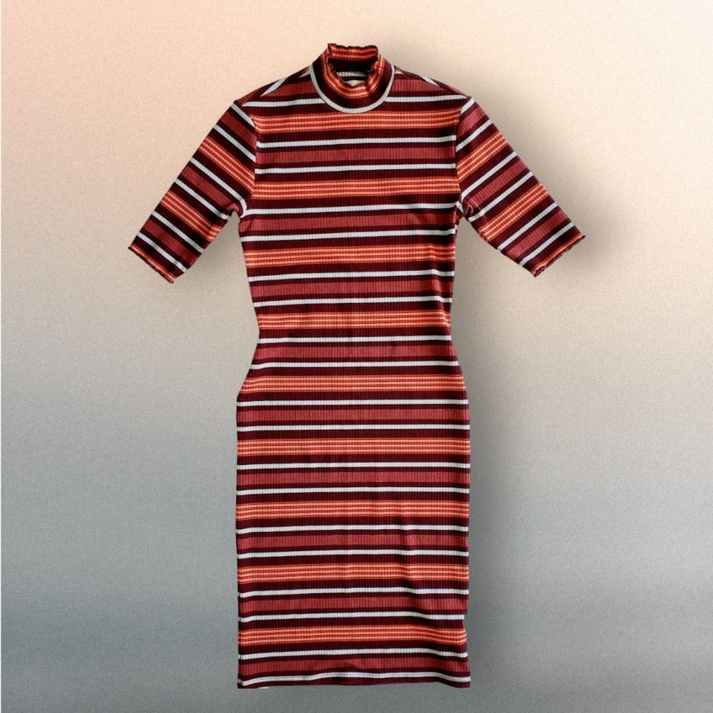 Urban Outfitters Knit Dress, Mock Turtleneck, 3/4 Sleeves, Orange Stripe, XS